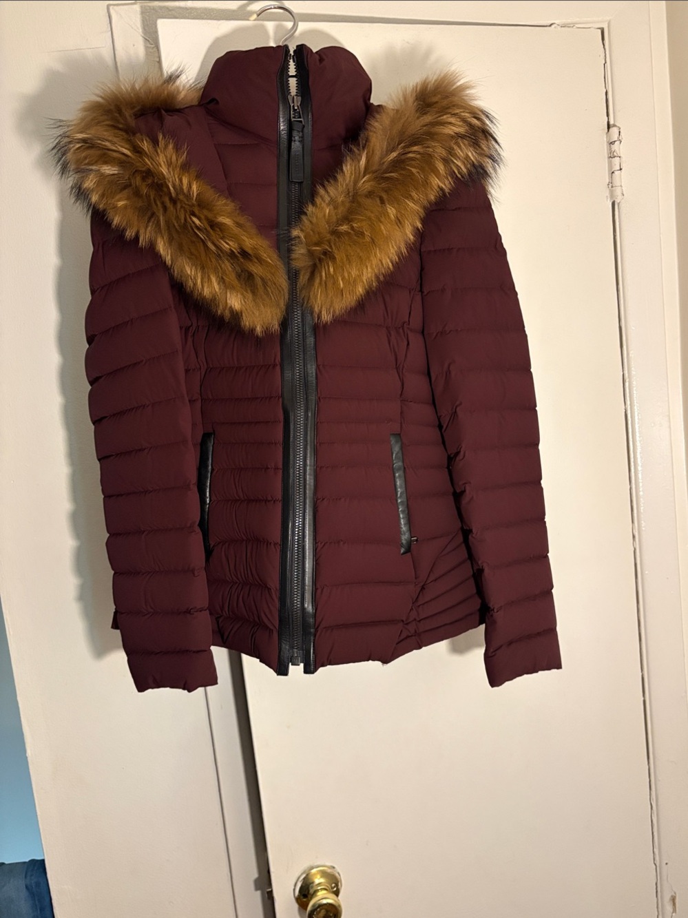 Mackage Women's Maroon Puffer Jacket with Faux Fur Trim
